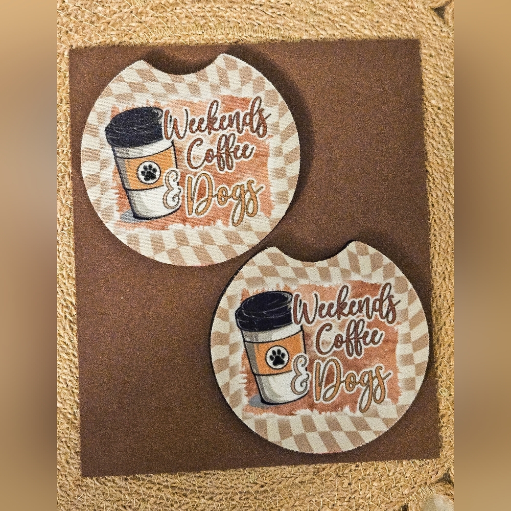 Weekend Coffee & Dogs Car Coasters- Set Of 2
